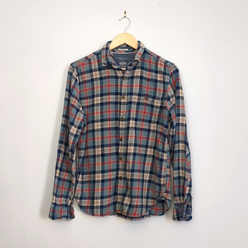 Denim & Flower Men's M Plaid Button Down - Blue, Orange, and Red - 100% Cotton